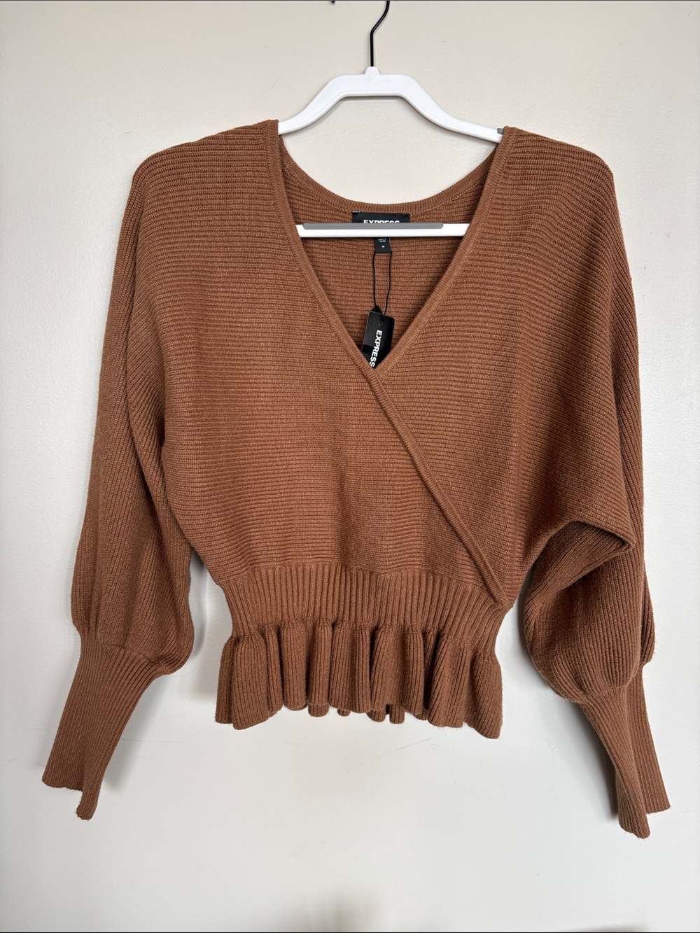 NWT Express Wrap Peplum Sweater Camel Brown Size M